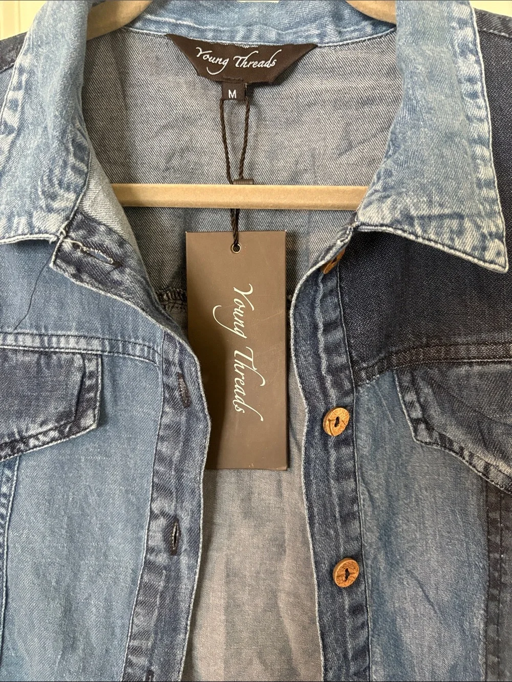 Young Threads Blue Patchwork Ruffle Denim Shirt - Picture 2 of 3